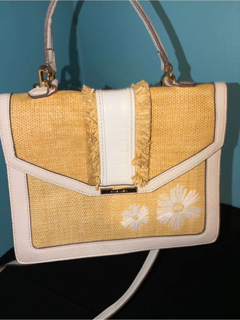 Anne Klein Yellow & White Floral Straw Satchel